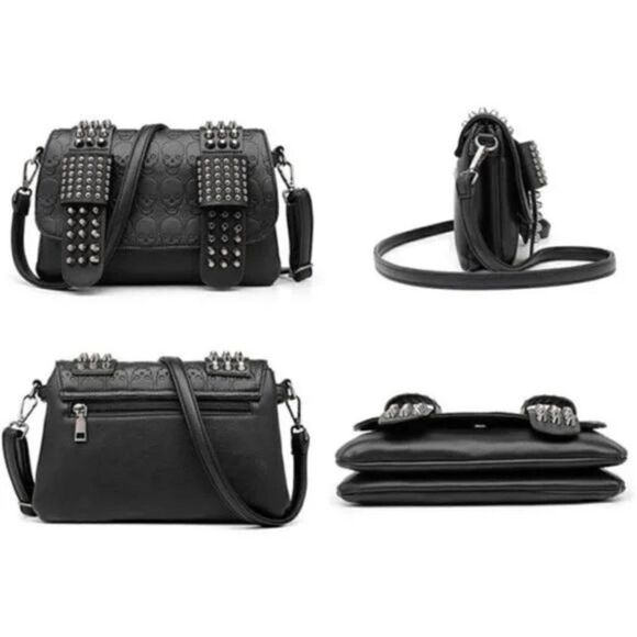 New Women Studded Crossbody Purse Black Skull Handbag - Picture 3 of 8